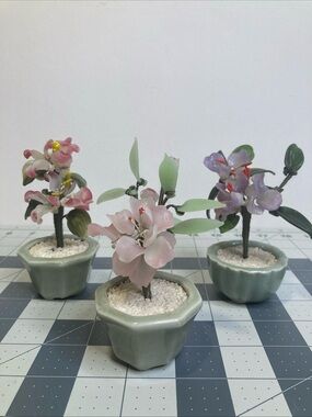 Lot Of 3 Vintage Bonsai Tree Jade Glass Leaves Pink Flowers in Green Celadon Pot